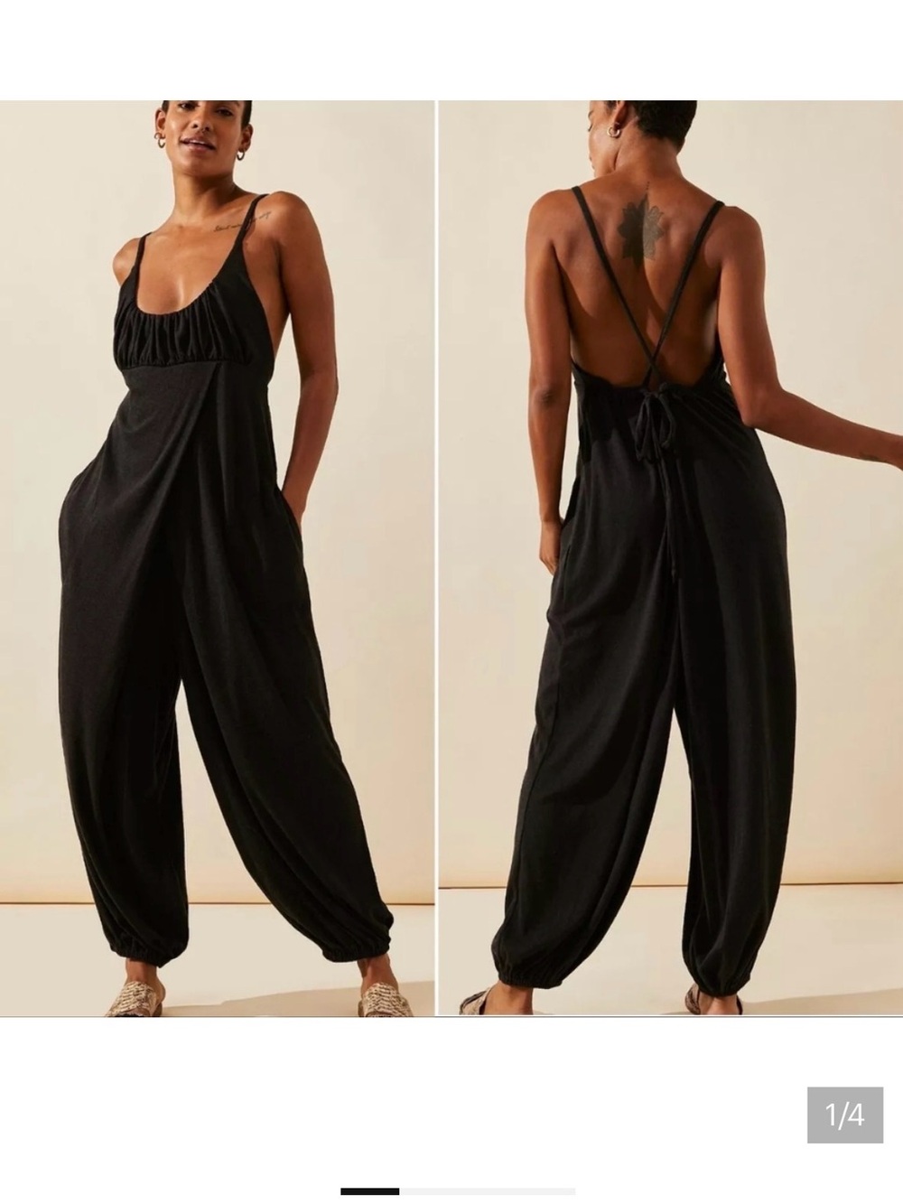 Free People Black Strapless V-Neck Wide-Leg Jumpsuit with Waist Smocking
